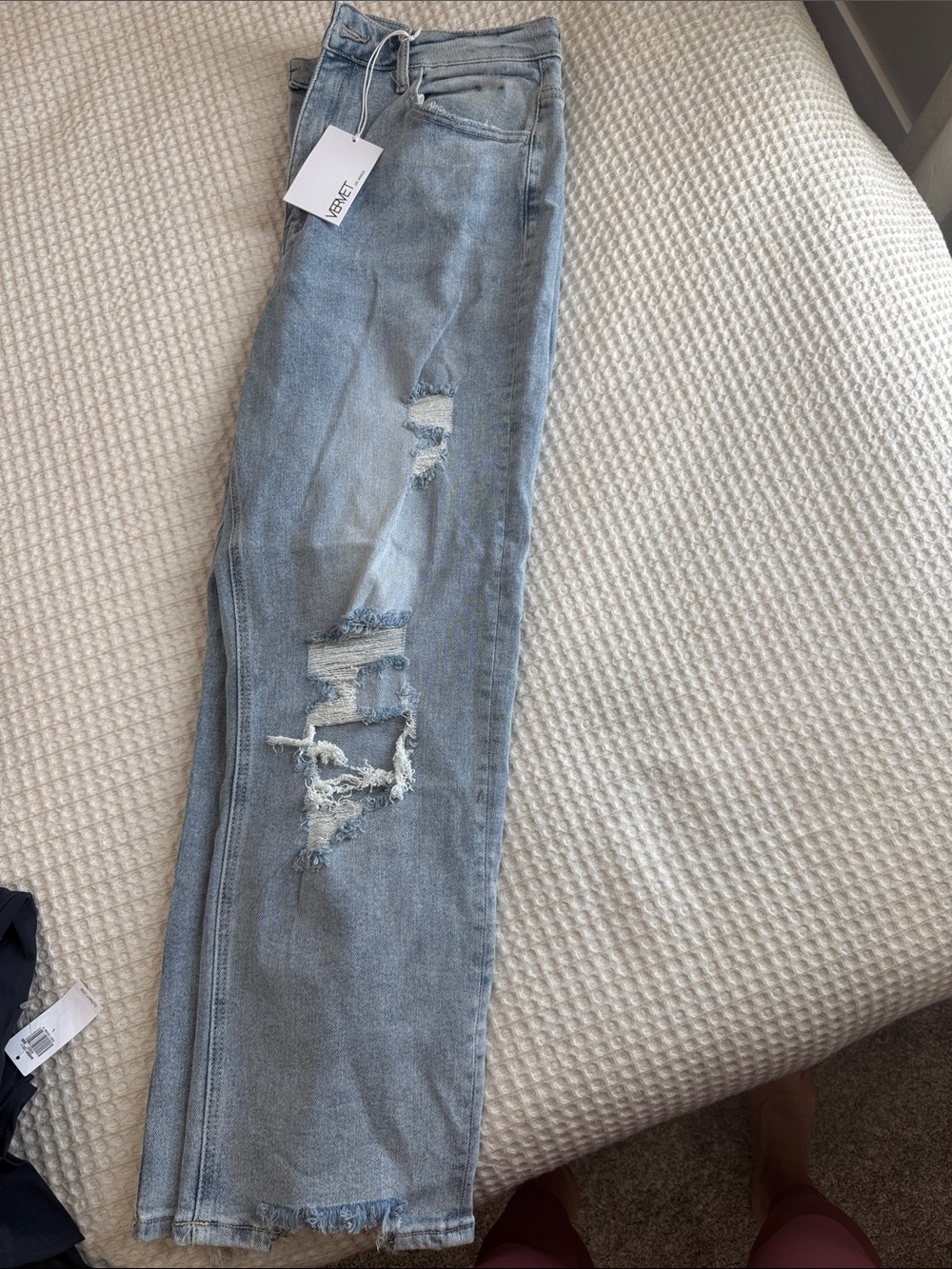 Light Wash Straight Leg Women’s Jeans with Distressed Detail